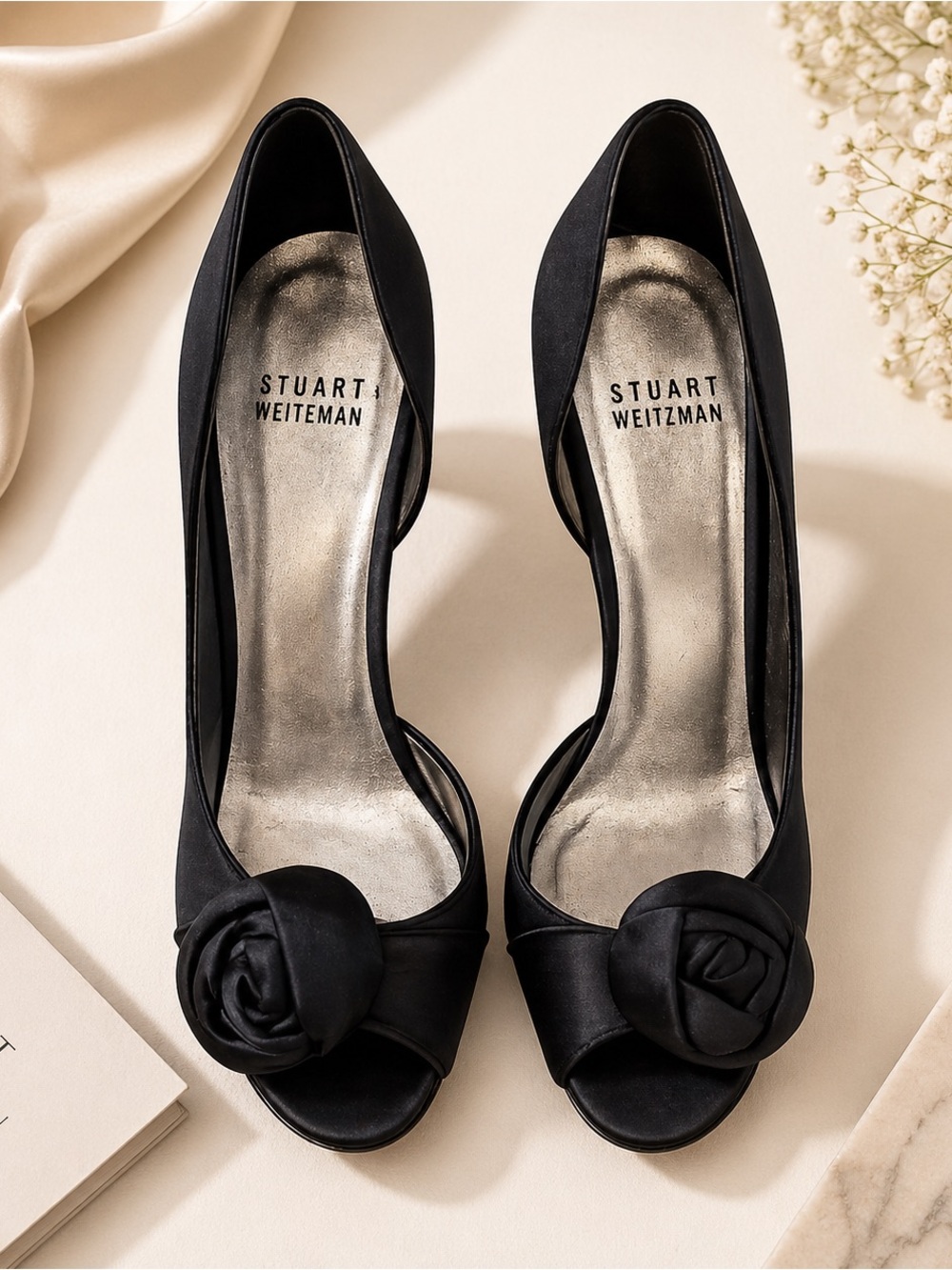 Stuart Weitzman Black Satin Peep-Toe Pumps with Rosette Accent size 8